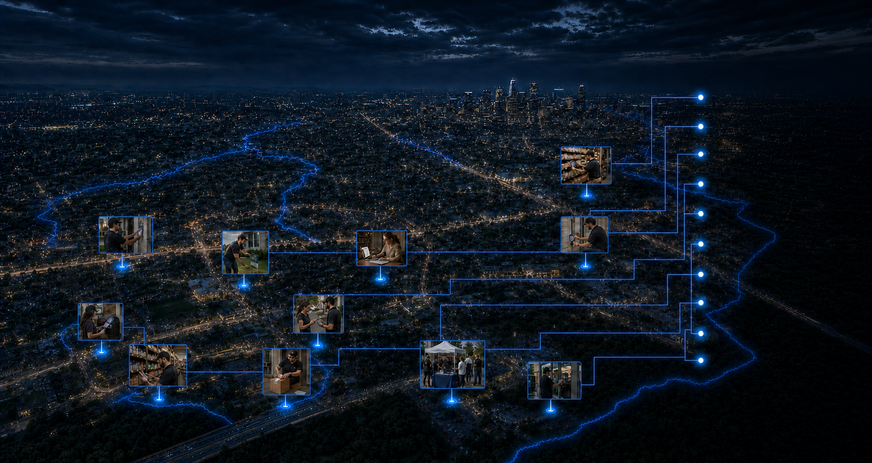 An original full-width blue-hour aerial view of a metropolitan territory with simultaneous door-to-door, signage, direct-mail, merchandising, retail-check, event, and storefront activity connected to a visible operation receipt rail
