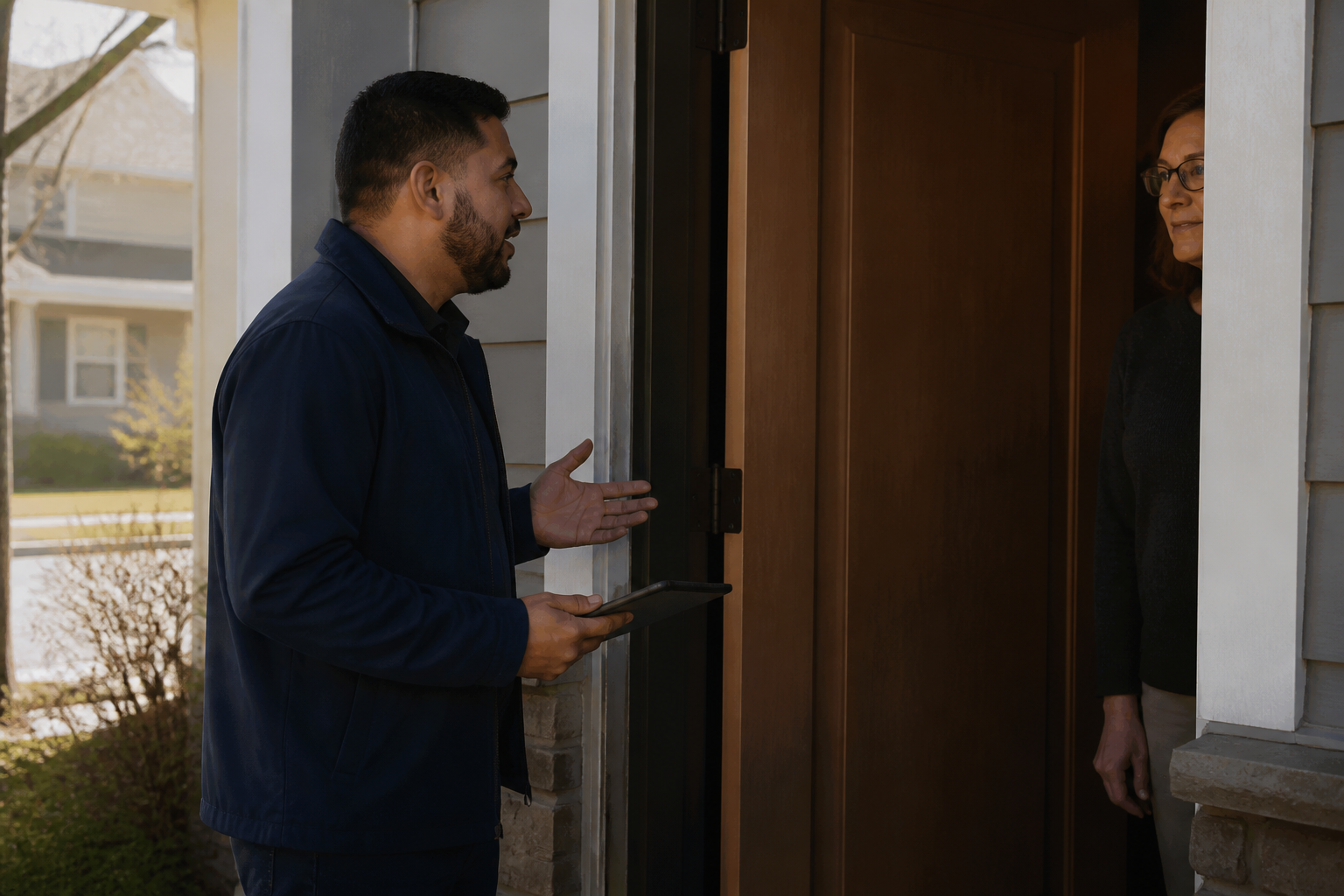 An original documentary-style photograph of a field representative having a brief doorstep conversation