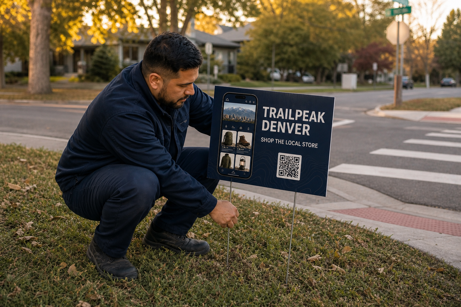 An original documentary-style photograph of a field installer placing a fictional Territory Store yard sign beside an intersection
