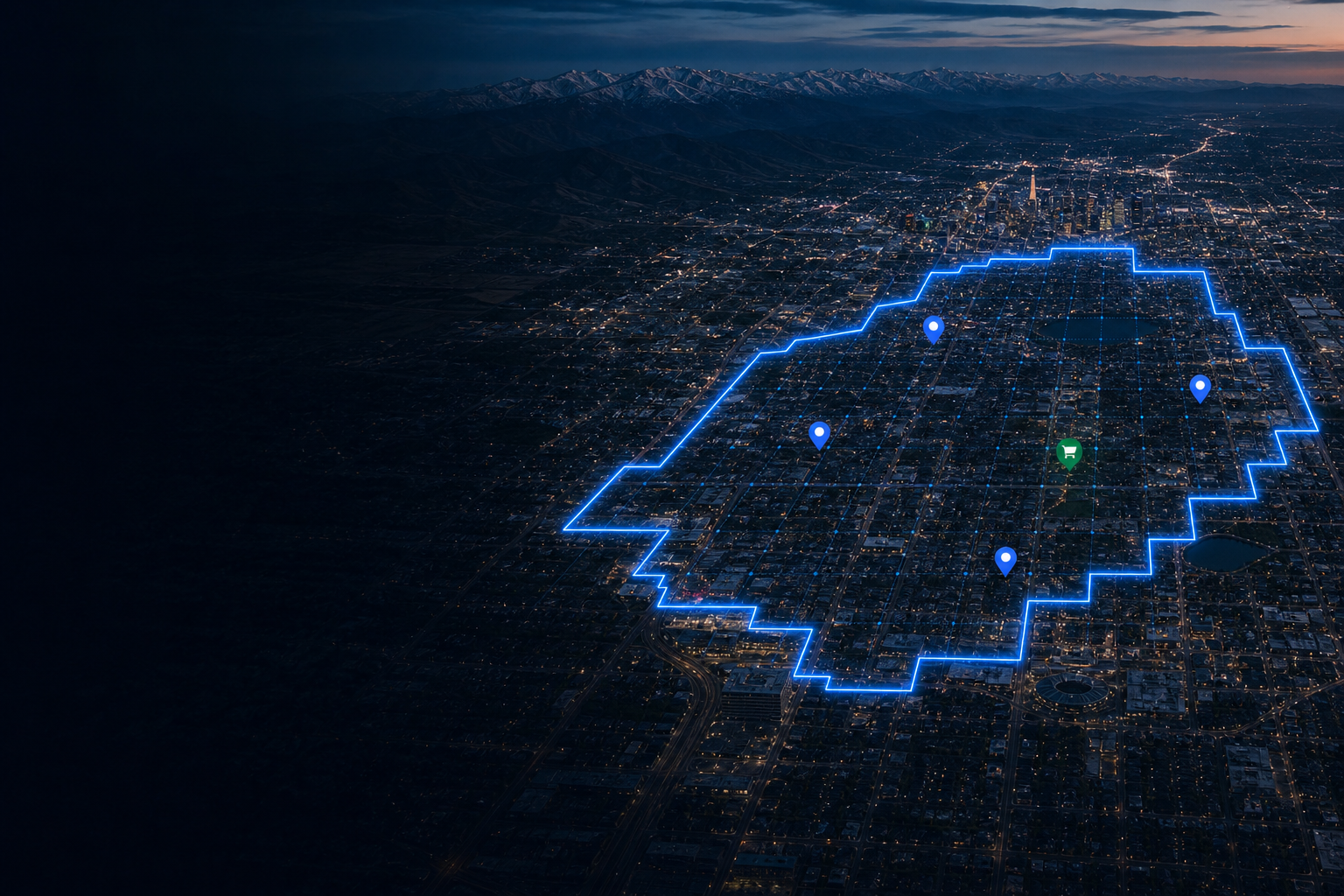 An original cinematic aerial market with a fictional versioned territory boundary, visibility grid, and evidence locations