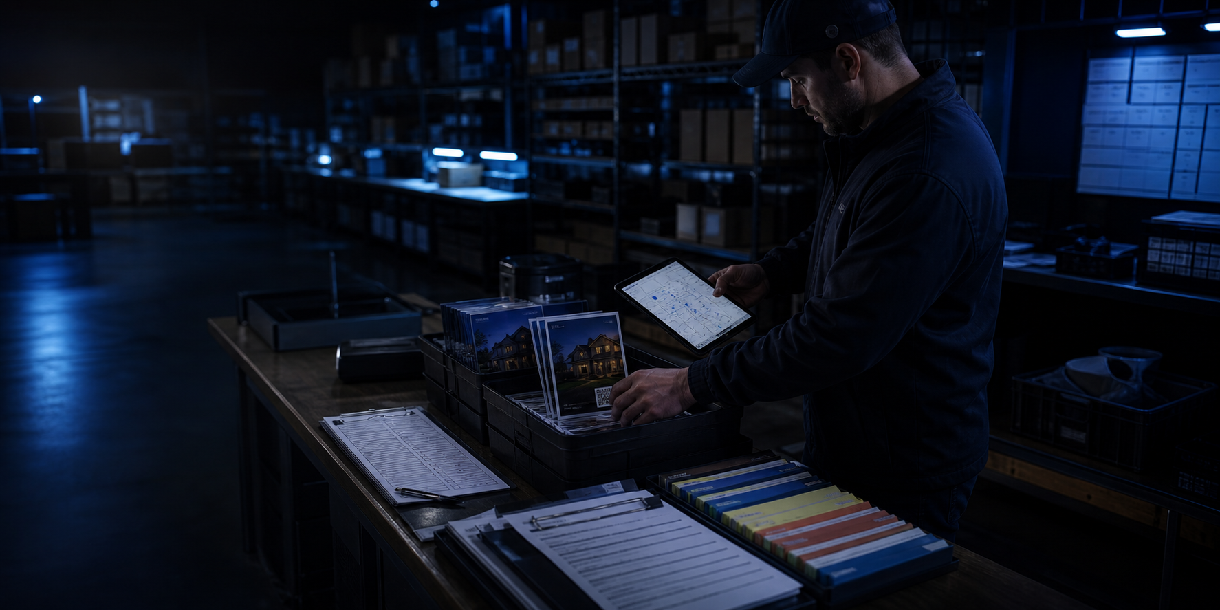 An original photograph of an operator preparing a route and approved work packet