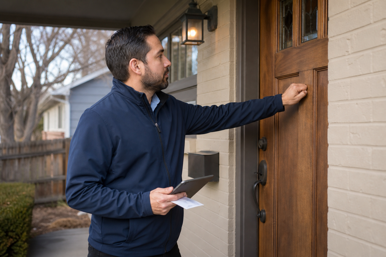 An original documentary-style photograph of a local field representative respectfully knocking on a customer's door on behalf of a fictional Territory Store