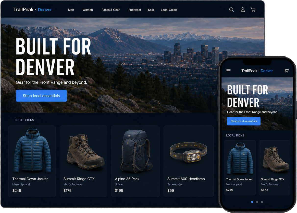 An original desktop and mobile Territory Store concept for a fictional TrailPeak Denver assortment
